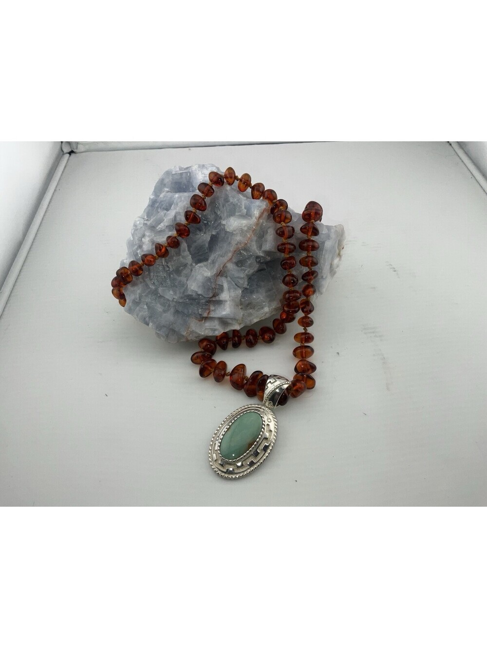 CAROLYN POLLACK Turquoise & 925 PENDANT W/ Beautiful AMBER Necklace